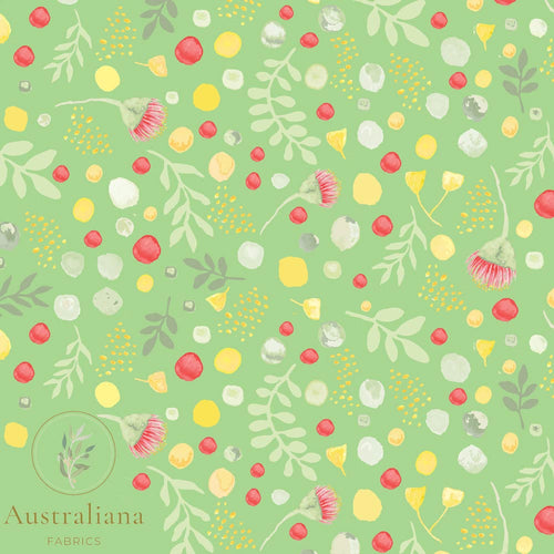 Australiana Fabrics Fabric Premium Cotton Sateen 150gsm / 1 Metre / Premium woven cotton sateen 150gsm Blossoms and Berries Green