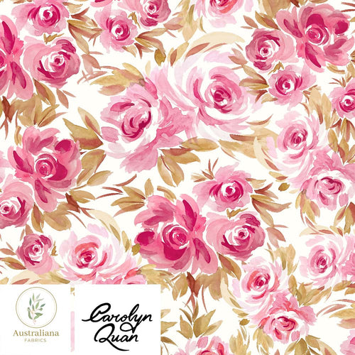 Australiana Fabrics Fabric Premium quality Woven Cotton 150 gsm / Length 50cm (Cut Continuous) / Pink & Earth on White Watercolour Roses by Carolyn Quan