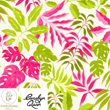 将图片加载到图库查看器，Australiana Fabrics Fabric Premium quality Woven Cotton 150 gsm / Length 50cm (Cut Continuous) / Pink &amp; Green on White Vibrant Tropical Leaves by Carolyn Quan
