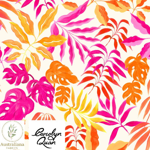 Australiana Fabrics Fabric Premium quality Woven Cotton 150 gsm / Length 50cm (Cut Continuous) / Pink & Orange on White Vibrant Tropical Leaves by Carolyn Quan