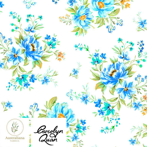 Australiana Fabrics Fabric Premium quality Woven Cotton 150 gsm / Length 50cm (Cut Continuous) / Tropical Vibes on White Flower Bouquets by Carolyn Quan