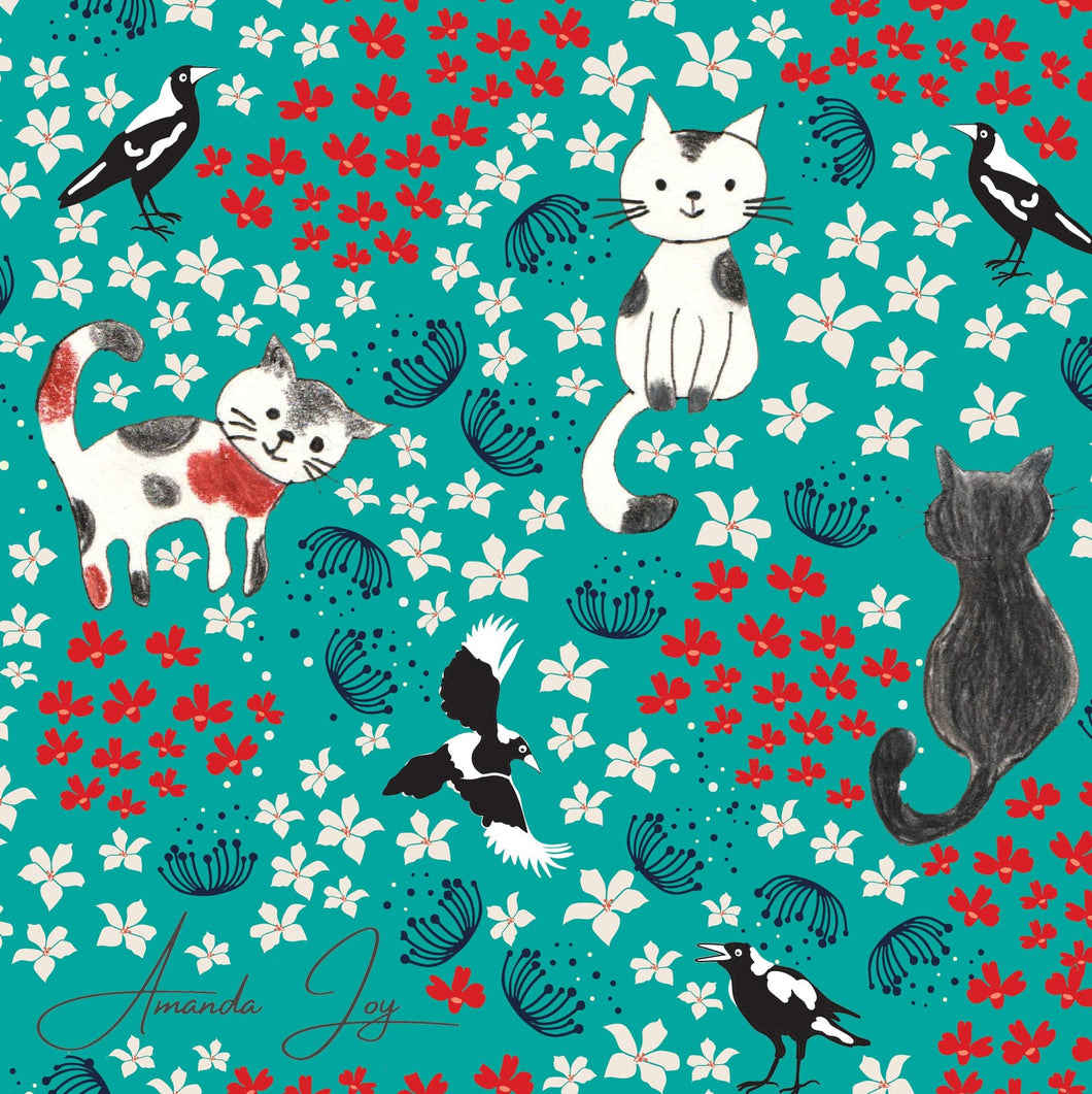 Australiana Fabrics Fabric Premium Quality Woven Cotton 150gsm / 1 Metre Cats & Magpies on Green