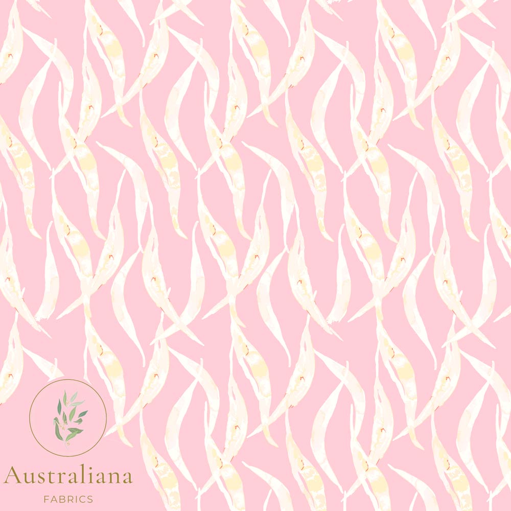 Australiana Fabrics Fabric Premium Quality Woven Cotton sateen 150gsm / 1 Metre (cut continuous) Eucalyptus Leaves Pink