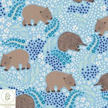 将图片加载到图库查看器，Australiana Fabrics Fabric Premium Quality Woven Cotton sateen 150gsm / 1 Metre (Cut in Continuous lengths) Wombat &amp; Echidna Sky Blue

