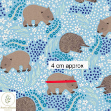 Load image into Gallery viewer, Australiana Fabrics Fabric Premium Quality Woven Cotton sateen 150gsm / 1 Metre (Cut in Continuous lengths) Wombat &amp; Echidna Sky Blue

