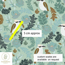 Load image into Gallery viewer, Australiana Fabrics Fabric Premium Quality Woven Cotton sateen 150gsm / 1 Metre Elegant Kookaburra on Green
