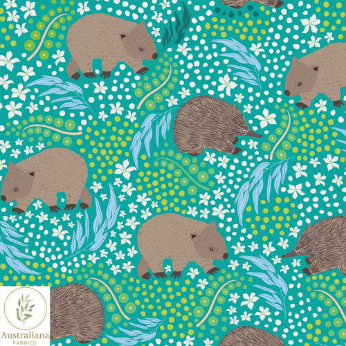 Australiana Fabrics Fabric Premium Quality Woven Cotton sateen 150gsm / 1 Metre Wombat & Echidna Green