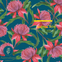 将图片加载到图库查看器，Australiana Fabrics Fabric Premium Quality Woven Cotton sateen 150gsm / Length 50cm (Cut Continuous) Waratah on Blue
