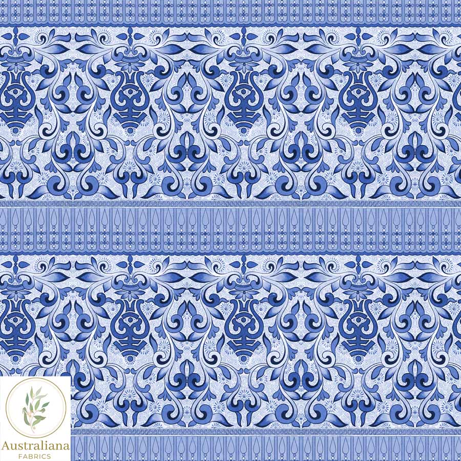 Australiana Fabrics Fabric Premium Woven Cotton 150gsm / 1 metre Blue & White Damask Border Floral
