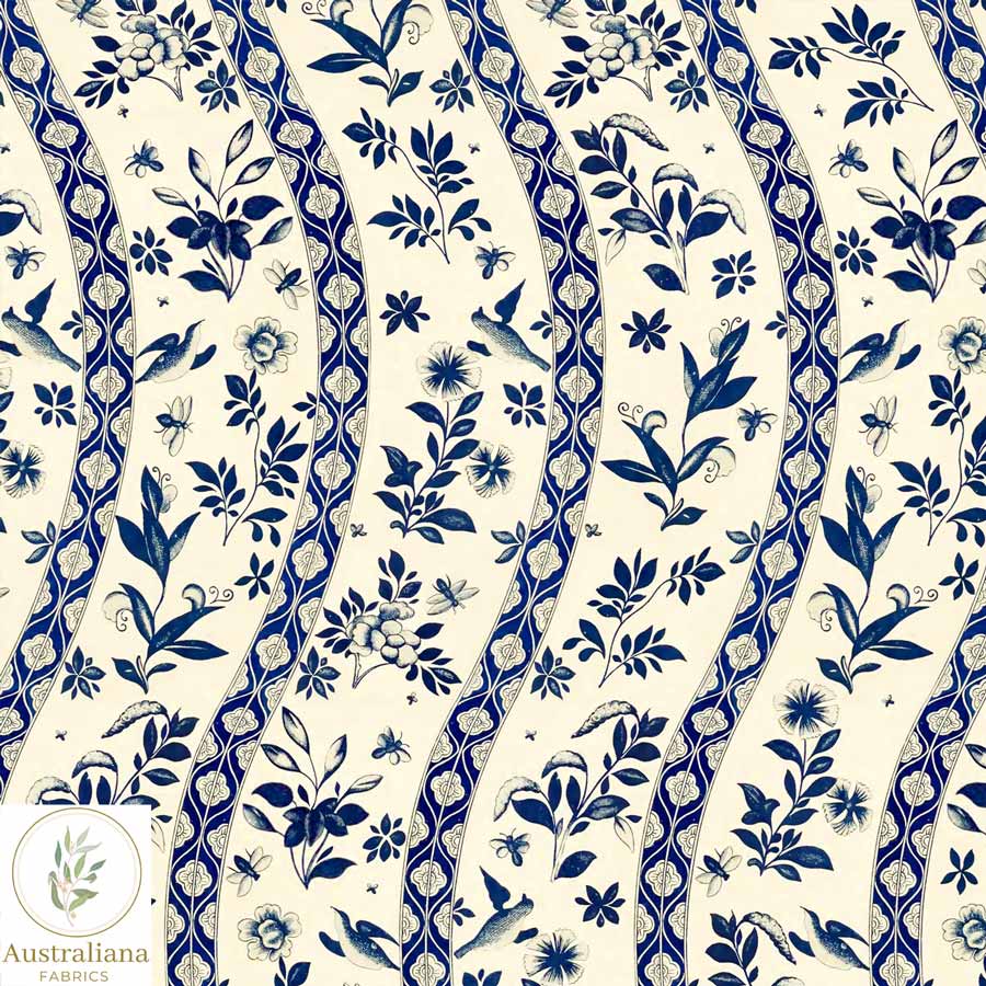 Australiana Fabrics Fabric Premium Woven Cotton 150gsm / Length 50cm (Cut Continuous) Vintage Blue Birds Flower Border (small scale)