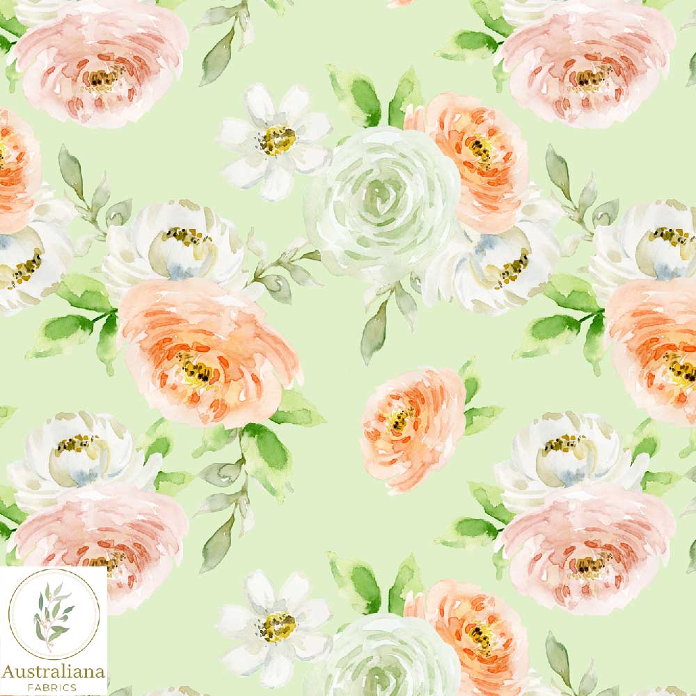 Australiana Fabrics Fabric Premium Woven Cotton 150gsm / Length 50cm (Cut Continuous) Watercolour Floral Bouquet Green