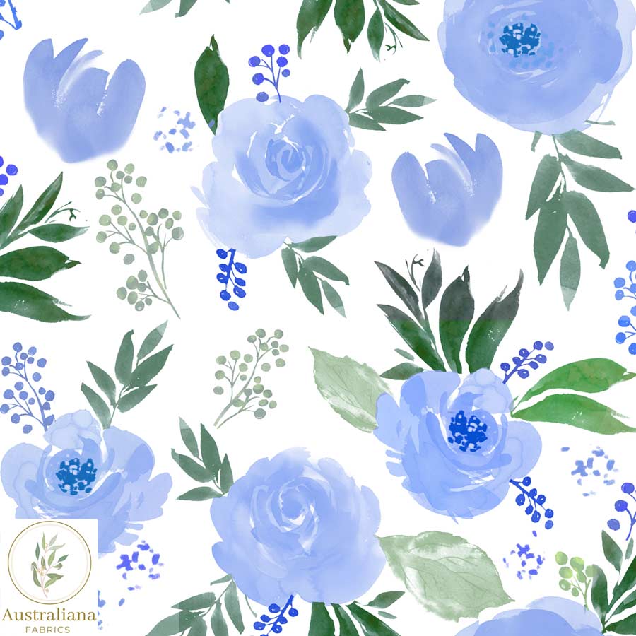 Australiana Fabrics Fabric Premium Woven Cotton 150gsm / Length 50cm (Cut Continuous) Watercolour Floral Fabric Blue