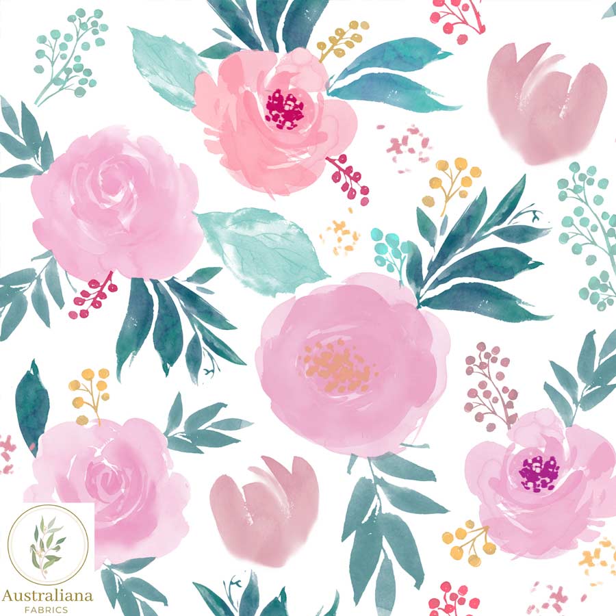 Australiana Fabrics Fabric Premium Woven Cotton 150gsm / Length 50cm (Cut Continuous) Watercolour Floral  Pink