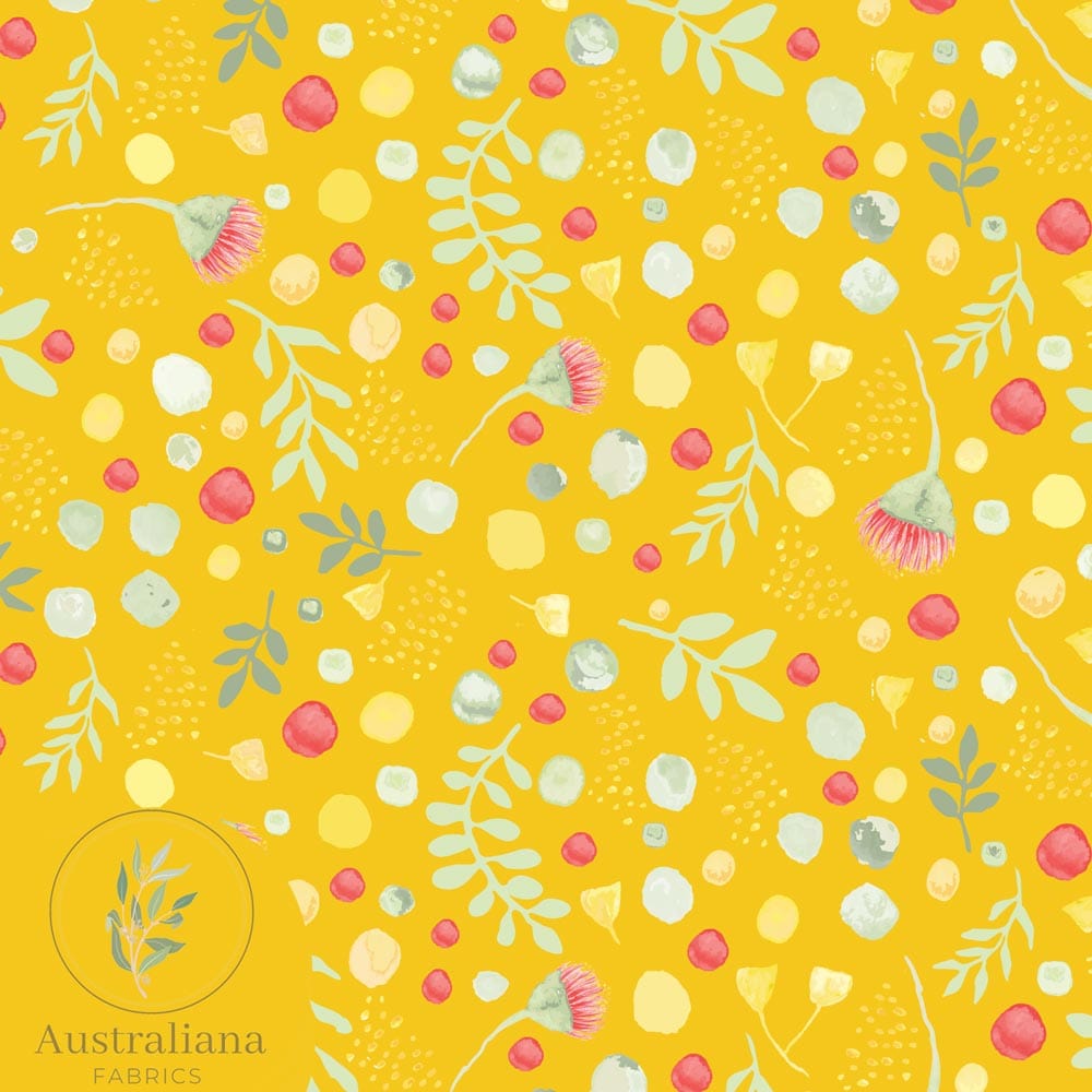 Australiana Fabrics Fabric Premium woven Cotton Sateen 150gsm / 1 Metre Blossoms and Berries Yellow