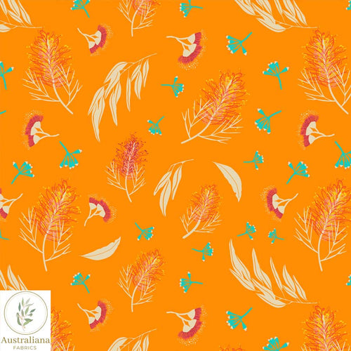 Australiana Fabrics Fabric Premium Woven Cotton sateen 150gsm / 1 Metre Grevilleas & Gum nuts Orange