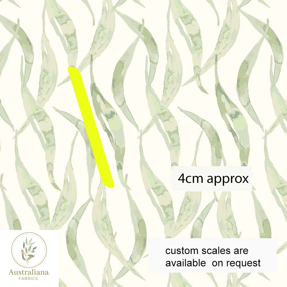 Australiana Fabrics Fabric Premium woven Cotton Sateen 150gsm / 1 metre / Small Eucalyptus Leaves Cream & Green