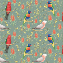 Load image into Gallery viewer, Australiana Fabrics Fabric Rainbow Lorikeet, King Parrot &amp; Galah on sage green, 50cm x 140cm
