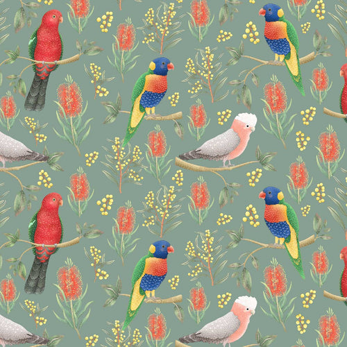 Australiana Fabrics Fabric Rainbow Lorikeet, King Parrot & Galah on sage green, 50cm x 140cm