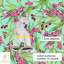 Load image into Gallery viewer, Australiana Fabrics Fabric Roll 1 Metre / Cotton Sateen / large Pink Cockatoo and Gum Blossoms Aqua
