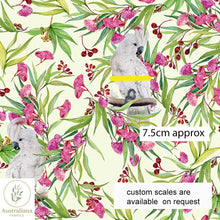 Load image into Gallery viewer, Australiana Fabrics Fabric Roll 1 Metre / Cotton Sateen / large Pink Cockatoo and Gum Blossoms Cream
