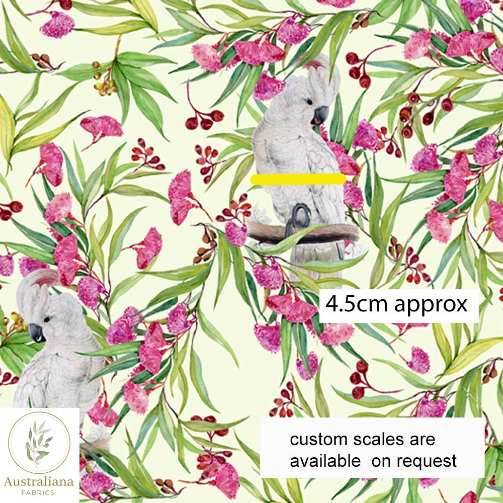 Australiana Fabrics Fabric Roll 1 Metre / Cotton Sateen / medium Pink Cockatoo and Gum Blossoms Cream