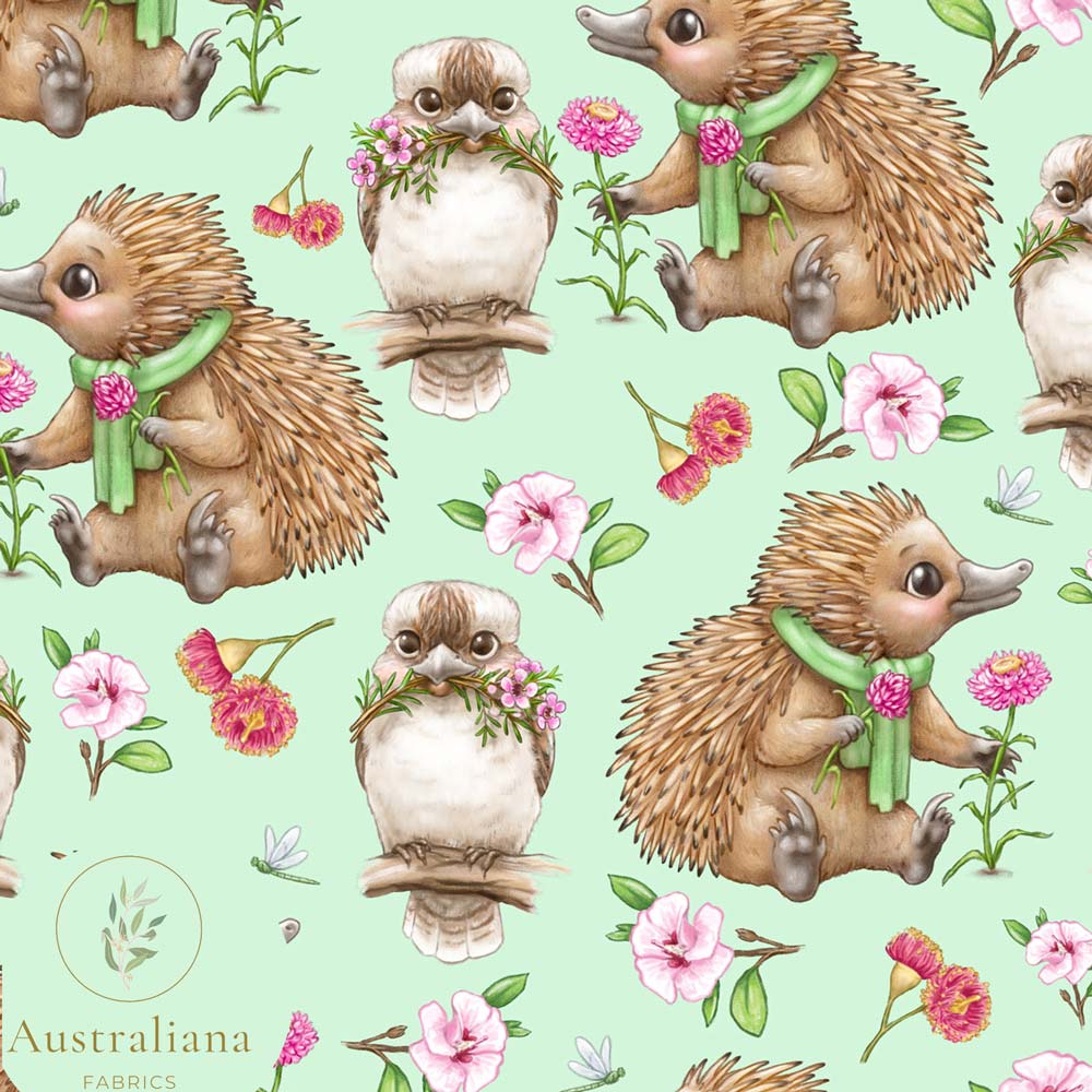 Australiana Fabrics Fabric Roll Kookaburra and Echidna Green Drapery