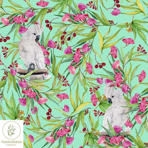 Australiana Fabrics Fabric Roll Pink Cockatoo and Gum Blossoms Aqua