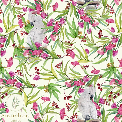 Australiana Fabrics Fabric Roll Pink Cockatoo and Gum Blossoms Cream