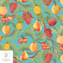 Load image into Gallery viewer, Australiana Fabrics Fabric Watercolour Fruit Aqua Blue Interiors Fabric
