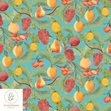 Load image into Gallery viewer, Australiana Fabrics Fabric Watercolour Fruit Aqua Blue Interiors Fabric
