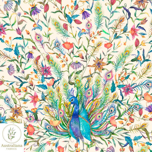 Australiana Fabrics Fabric Watercolour Peacock Dance Cream