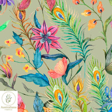 将图片加载到图库查看器，Australiana Fabrics Fabric Watercolour Peacock Dance Sage Green
