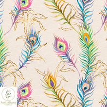 将图片加载到图库查看器，Australiana Fabrics Fabric Watercolour Peacock Feathers Cream
