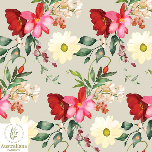 Australiana Fabrics Fabric Watercolour Red & Cream Floral