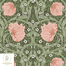 将图片加载到图库查看器，Australiana Fabrics Fabric William Morris Pimpernel Olive Green &amp; Peach Drapery
