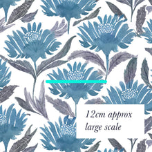 Load image into Gallery viewer, Australiana Fabrics Fabric Woven Cotton 150 / Length 1 metre (Cut Continuous) / large Watercolour Waratahs Blue
