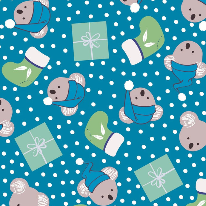 Australiana Fabrics Fabric Woven Cotton Koalas Christmas Presents Blue & Green