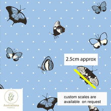 将图片加载到图库查看器，Australiana Fabrics Fabric Woven Cotton Sateen 150gsm / 1 Metre / Small Australian Butterfly Blue Skies
