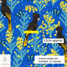 将图片加载到图库查看器，Australiana Fabrics Fabric Yellow Tailed Black Cockatoo on blue, 50cm x 140cm
